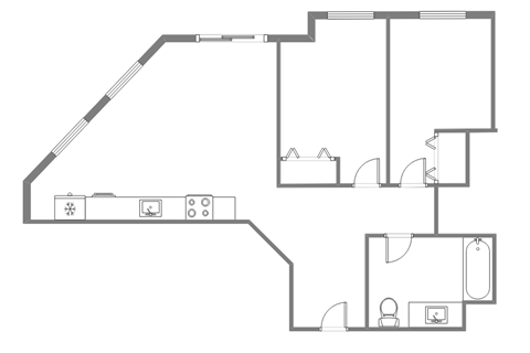 Floor plan for 2 beds, 1 bath, 817 sqft